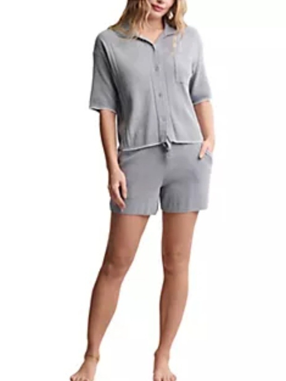 Barefoot Dreams Gray Ribbed Button-Down Polo Top